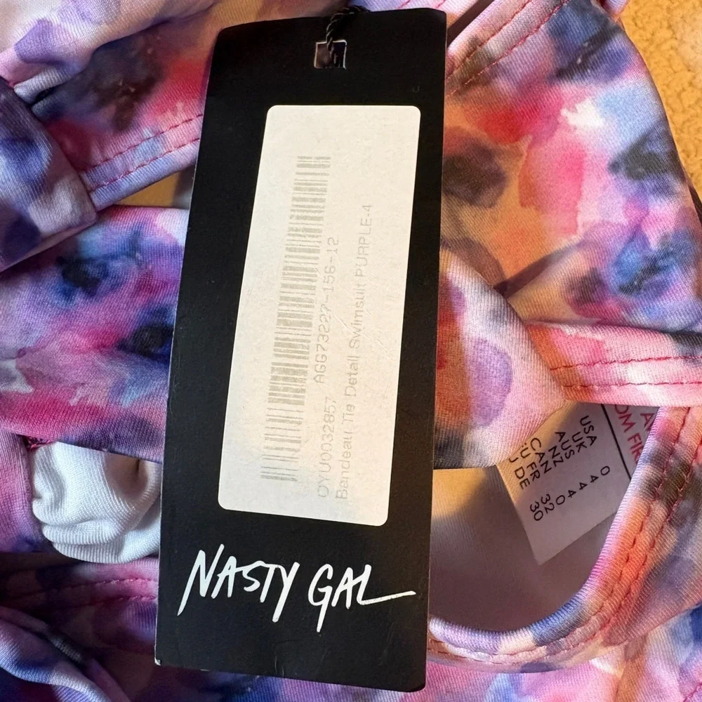 Nasty Gal NWT Floral Swimsuit, Tie Front. Purple Pink. Sz 0